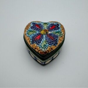 Italian Mosaic Heart Trinket Box Hand Painted Ceramic Gold Green